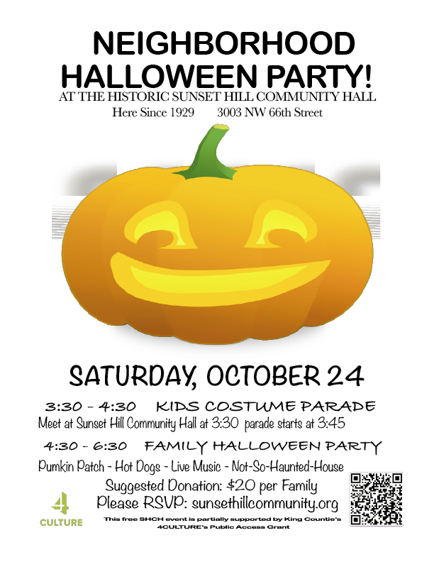 Halloween 2026 with QR 01 Halloween 2026 R5 Copy Exterior photo of Sunset Hill Community Hall, facing S/SW, from the corner of 30th Ave NW and NW 66th St., Ballard, Seattle